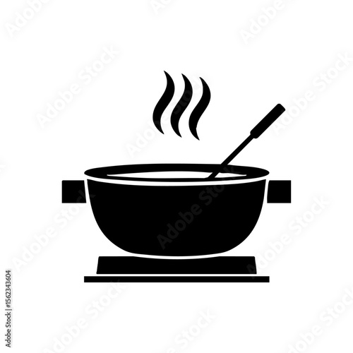 Minimalist black icon of a steaming fondue pot with a skewer, symbolizing hot meals, comfort food, and cozy dining experiences.
