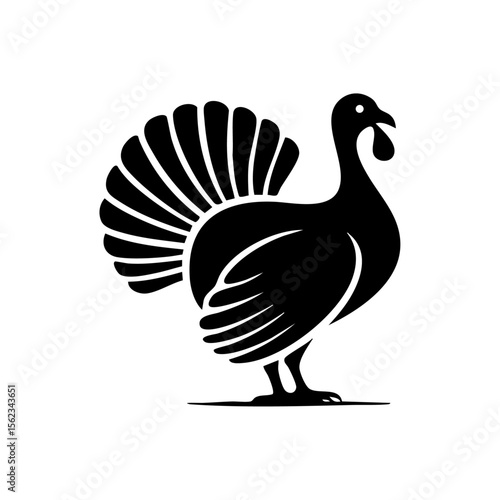 Minimalist black silhouette of a proud turkey with fanned tail feathers, representing Thanksgiving, poultry farming, and festive traditions.
