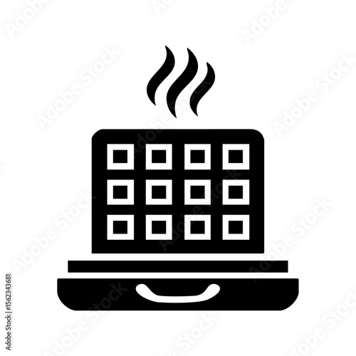 Minimalist black icon of a waffle iron with a steaming square waffle inside, symbolizing breakfast food, cooking tools, and home appliances.
