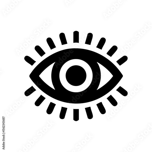 Minimalist black vector icon of an eye with surrounding radiating lines, symbolizing vision, awareness, observation, and surveillance.
