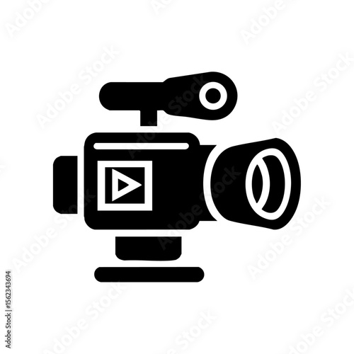 Minimalist black vector icon of a video camera with a live indicator, representing streaming, vlogging, content creation, and digital broadcasting.
