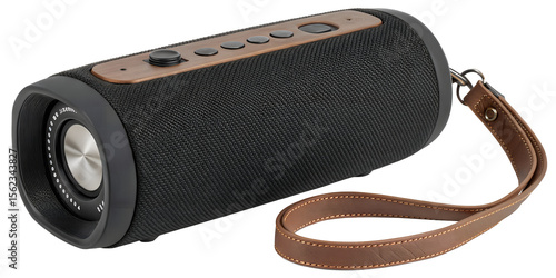 Modern cylindrical portable bluetooth speaker with a textured black fabric grill and a brown leather strap isolated on transparent background