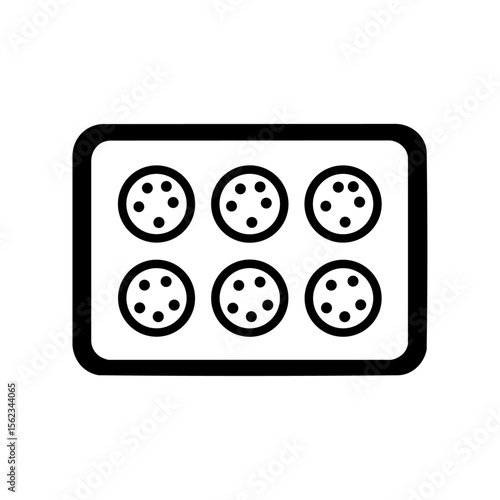 Minimalist black vector logo of a baking tray with six cookies, symbolizing homemade treats, bakery branding, or culinary simplicity.

