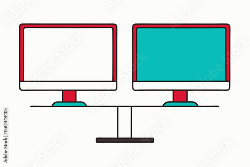 Two modern computer monitors displaying different content side by side