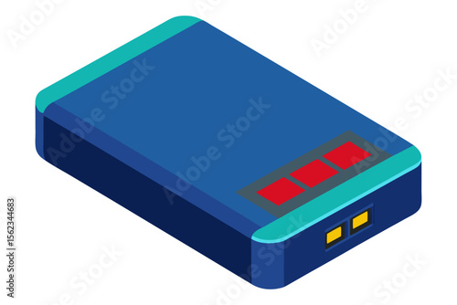 Modern blue power bank with red indicators and yellow ports