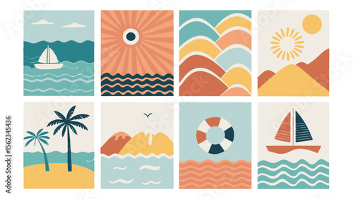 Eight Summer Sunset Inspired Illustrations with Boats Palm Trees and Sun