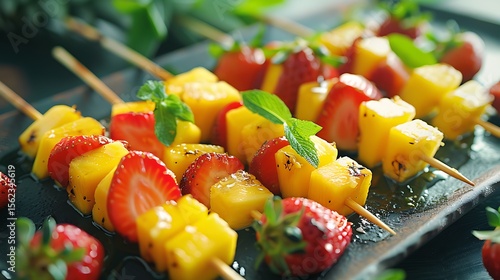 Mango slices arranged on a skewer with cubes of pineapple and strawberries, offering a colorful and appetizing fruit kabob perfect for summer gatherings