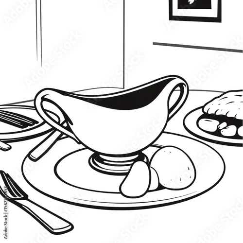A ceramic gravy boat on a roast dinner table