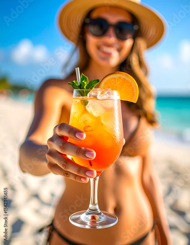 summer cocktail held in the hand of a young woman in a bikini on the beach
