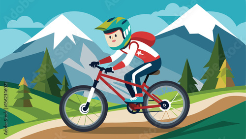 Cartoon Mountain Biker Riding a Red Bicycle on Trail with Mountain Background