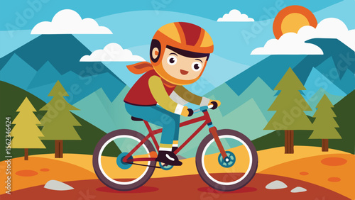 Cartoon Boy Riding Bicycle Through Mountain Landscape with Trees and Sunny Sky