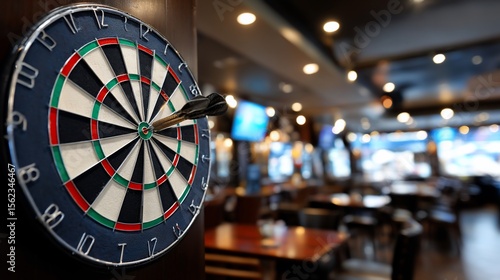 Dartboard with a dart hits bullseye in pub, blurred background with tables and lights