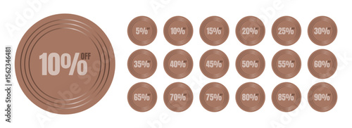 Vector set of round mocha mousse discount badges with various percentage values from 5% to 90% off, arranged in a grid with decorative circular lines.