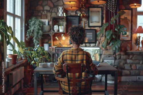 Wallpaper Mural Back view of a woman with earphones working remotely at a cozy home office desk. Torontodigital.ca