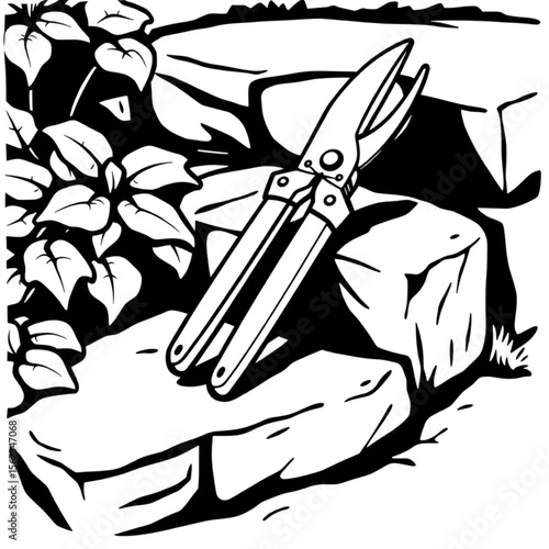 A pair of gardening secateurs on a stone step
