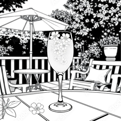 A glass of elderflower cordial on a patio