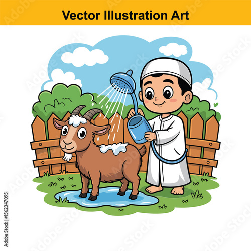 Vector art of a muslim boy showers a goat for eid aladha celebration