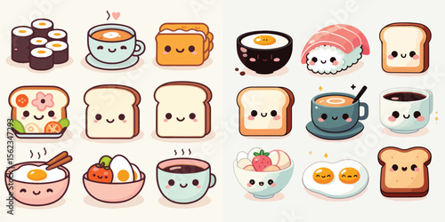 Flat vector collection of cute kawaii food icons with happy faces: sushi, toast, coffee, eggs. Minimalist design, pastel colors, white background