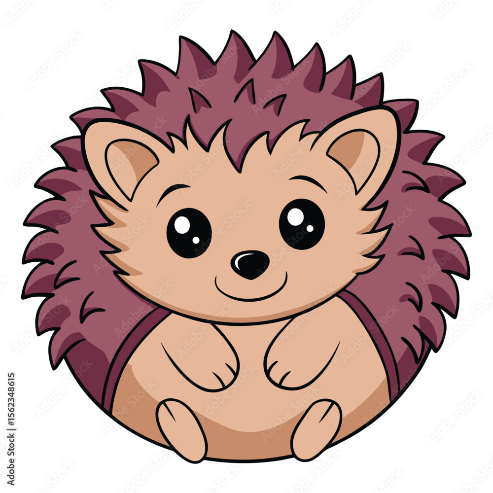 Fototapeta premium Cute cartoon hedgehog with big eyes and purple quills isolated on transparent background