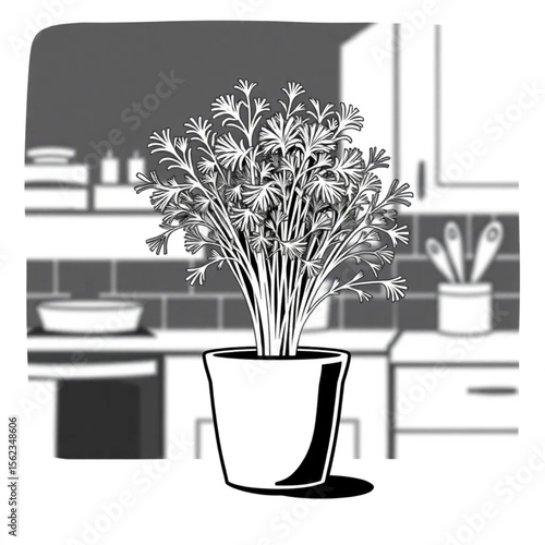 A potted dill plant on a kitchen counter