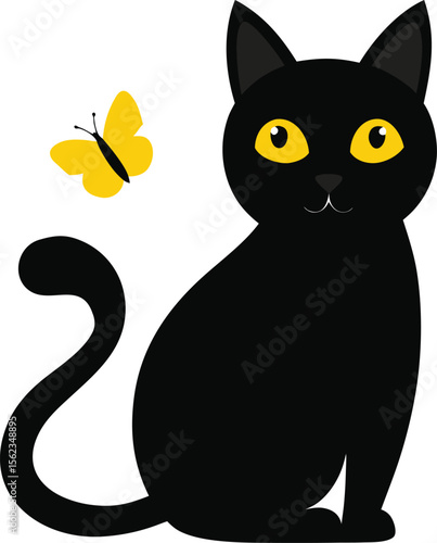 cute black cat with yellow eyes and butterfly companion