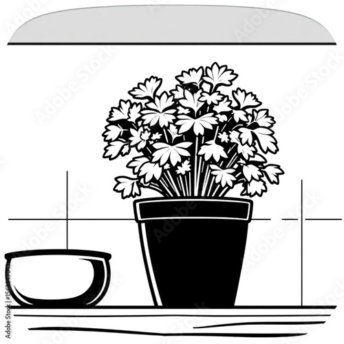 A potted parsley plant on a kitchen shelf