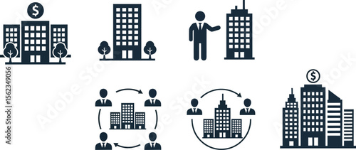 Real estate investment property management company building icon vector set