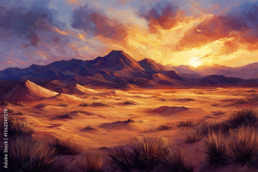 Naklejka premium Serene sunset over desert dunes highlighting undulating sands and distant mountain silhouettes, Desert Dunes