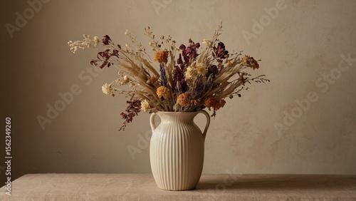 Dried Flower Arrangement in Cream Vase Against Beige Textured Wall


