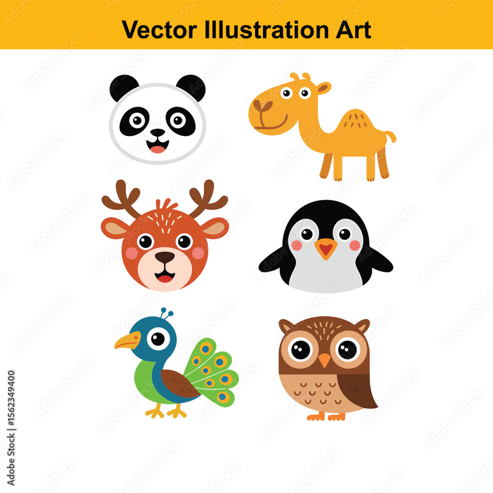 Naklejka premium Vector art of a collection of cute cartoon animal faces isolated on white background