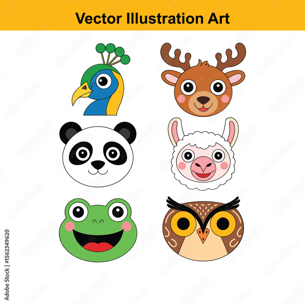 Fototapeta premium Vector art of cartoon animal faces including a peacock, deer, panda, and owl