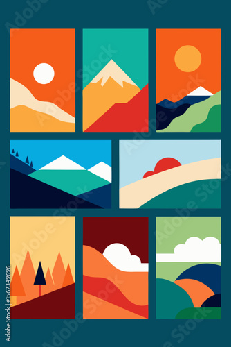 Geometric Landscape Collection Minimalist Mountain and Nature Scenes in Bold Colors