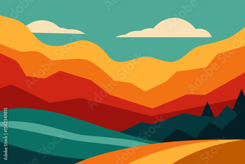 Abstract Landscape with Mountains Clouds and Trees in a Retro Style