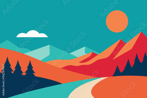 Abstract Mountain Landscape with Trees Sun and Cloud in Flat Design