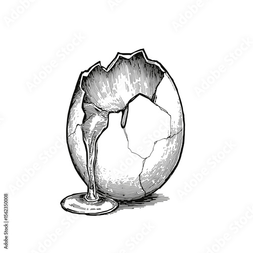 Cracked eggshell with yolk dripping.
