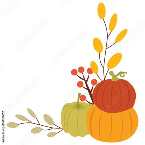 Vector corner with leaves and stack of orange, yellow and green pumpkin frames for fall, autumn vector template for Thanksgiving day isolated on white background