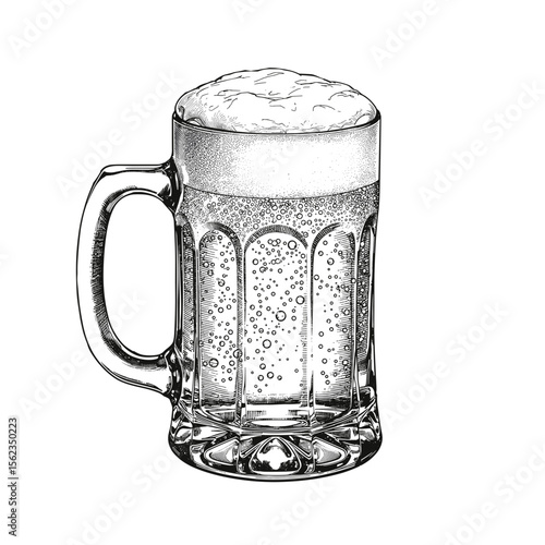 A refreshing pint of beer, beautifully rendered in a detailed, monochrome, vintage-inspired illustration, invites you to savor the crisp taste.