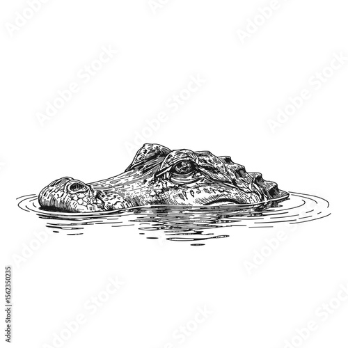 An alligator partially submerged in water, captured in detailed, monochromatic, ink sketch.