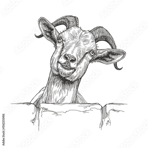 A curious goat, captured in a detailed pen and ink illustration, peers out from behind a rugged stone wall, its expressive features and quirky pose adding a touch of humor and charm.