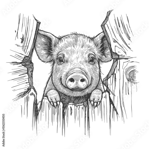 A curious piglet peers out of a wooden fence, its expressive eyes and adorable snout capturing a moment of innocent charm, perfect for adding warmth to any design. vector illustration