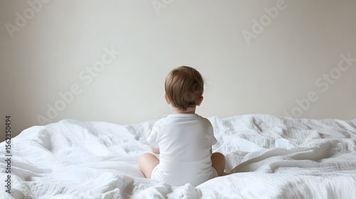 Photograph of a baby in a white onesie seated on a rumpled white bed.