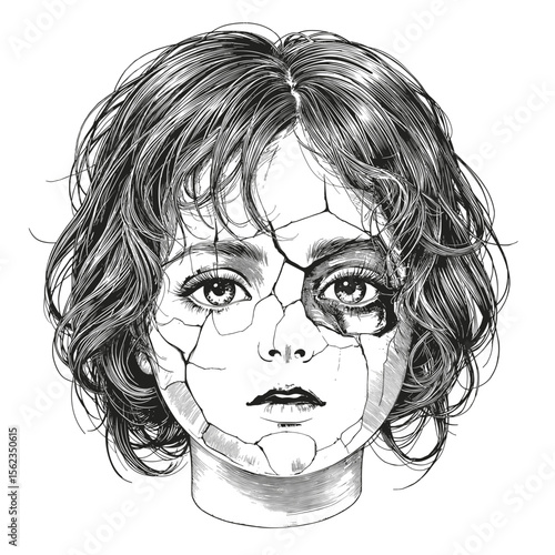 The evocative portrayal of a girl with a cracked face, a poignant exploration of vulnerability and resilience. The grayscale image conveys a sense of delicate fragility.