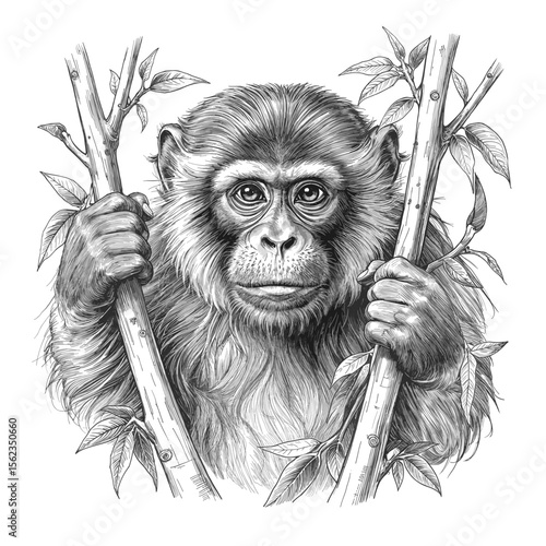 A curious baby monkey gazes out from a detailed, intricate illustration, peering through tree branches with an inquisitive expression. vector illustration