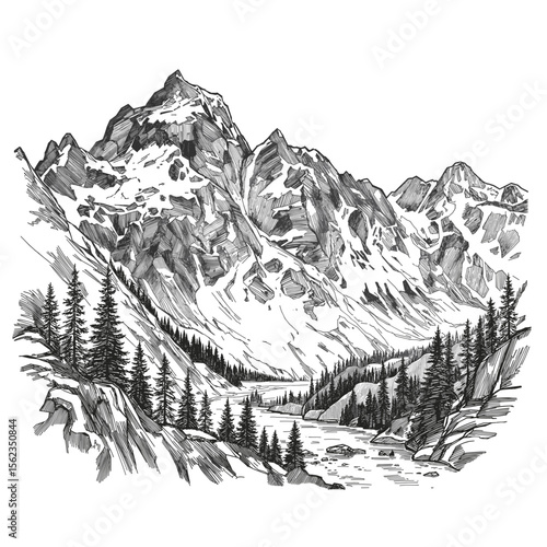 A majestic illustration of rugged mountains, their peaks piercing the sky, and a winding river flowing through the verdant valleys, capturing the grandeur of untouched landscapes.
