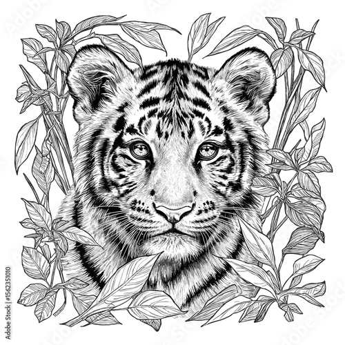 A black and white illustration of a majestic tiger cub peers out from a dense arrangement of plant life. vector illustration
