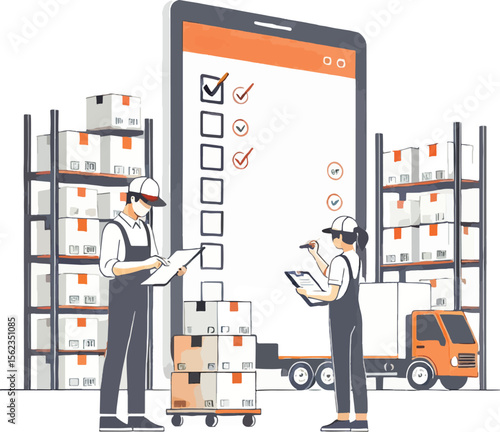Warehouse workers checking inventory with boxes and trucks depicted in an illustration