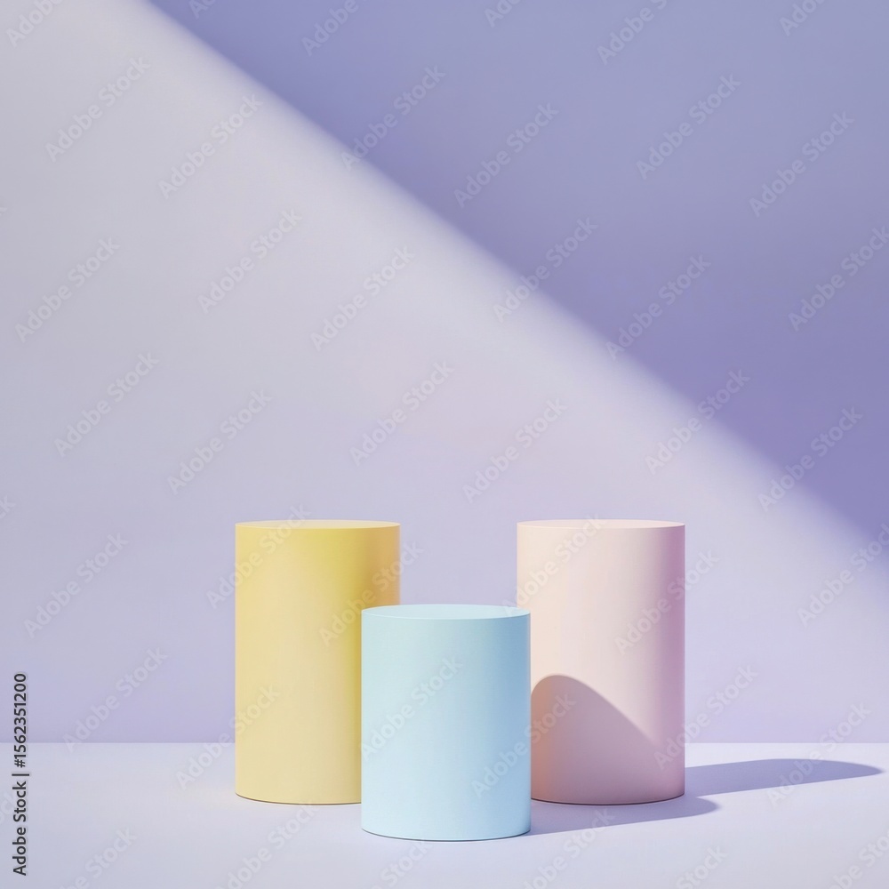 Colorful pastel cylinders in spotlight on podium Colorful pastel cylinders in spotlight on podium