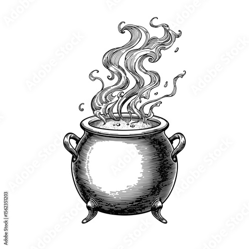 An enchanting cauldron bubbles, billowing wisps of mystical smoke. This artwork, rendered with detailed line art, captures the essence of magic.  vector illustration