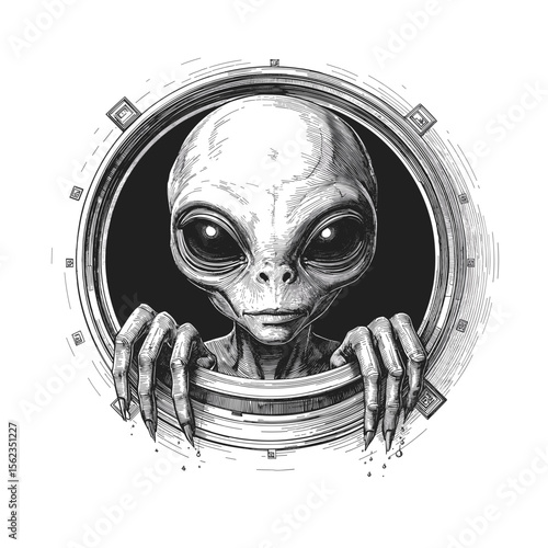 An extraterrestrial stares intently out from the viewport, with its piercing gaze capturing a sense of curiosity, wonder, and mystery. vector illustration