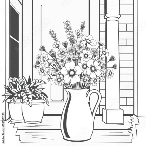 A ceramic jug of wildflowers on a porch